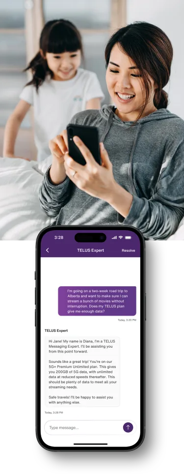 A smartphone screen showing a TELUS Expert Messaging text alert.