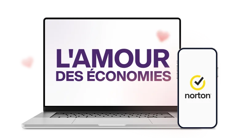 Un ordinateur portable et un téléphone intelligent. L’ordinateur portatif affiche le texte « L’amour des économies » et le téléphone montre le logo de Norton.