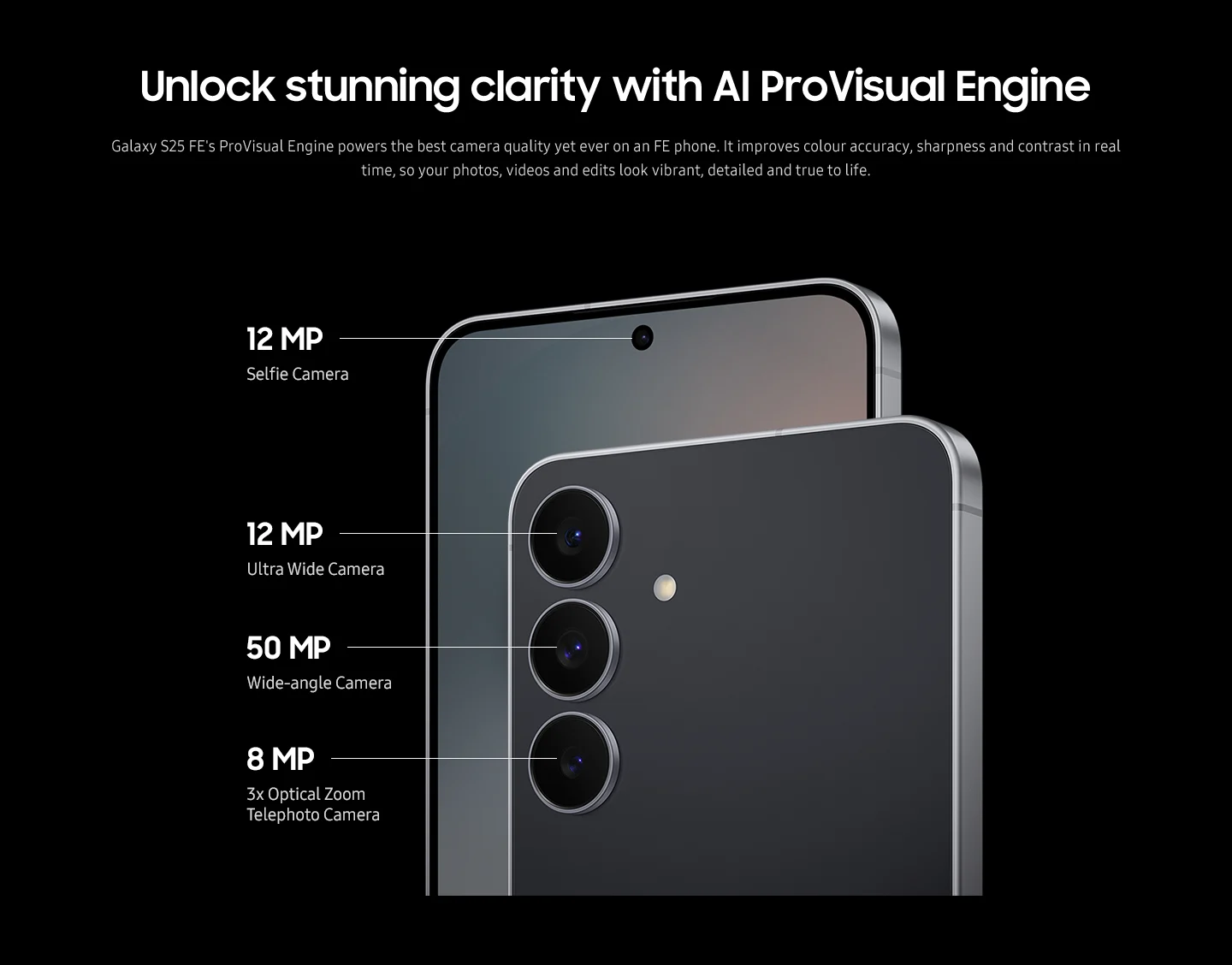 The Samsung Galaxy S25 FE features an AI ProVisual Engine and a versatile camera system: 12MP selfie, 12MP ultrawide, 50MP wide-angle, and 8MP 3x optical zoom telephoto cameras.