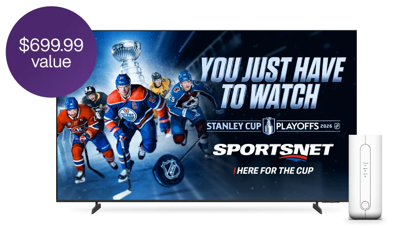 A 55” smart TV next to a TELUS PureFibre Internet modem. The TV displays the NHL Stanley Cup Playoffs. A roundel on the left reads “$699.99 value”.