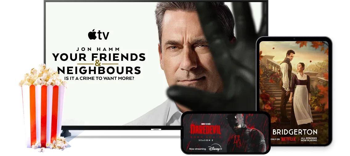 Movies and series from Netflix, Disney+ and Amazon Prime are shown.