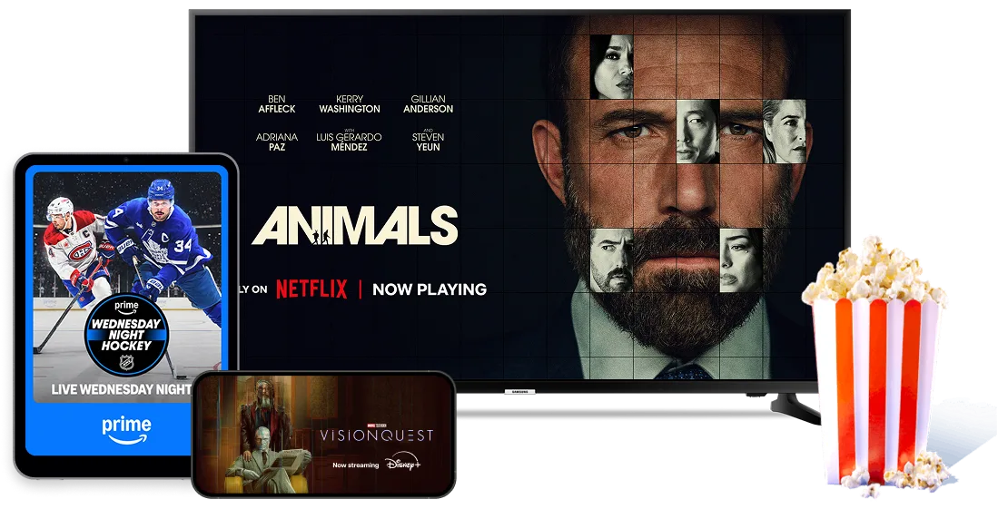Movies and series from Netflix, Disney+ and Amazon Prime are shown.