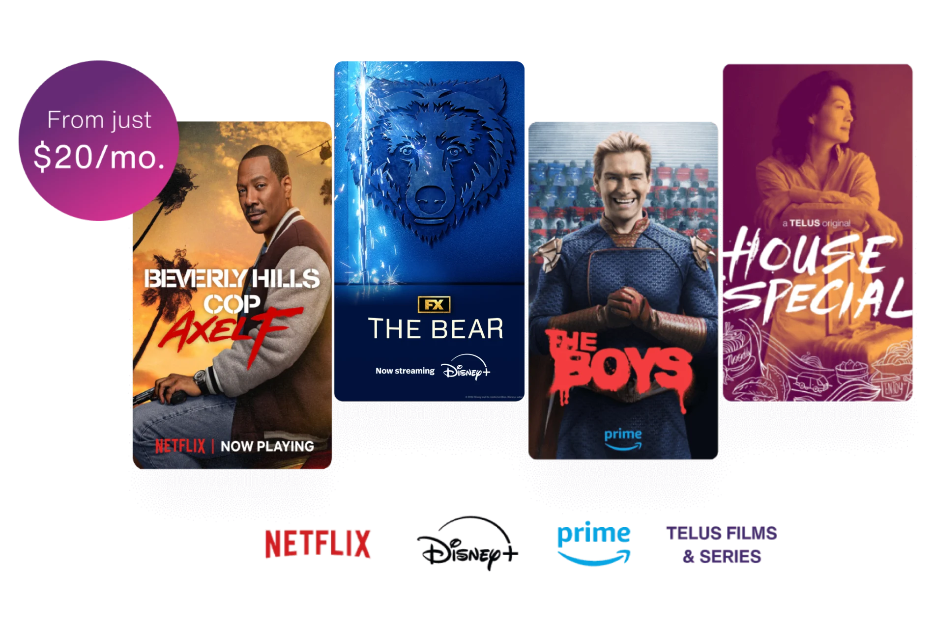 Popular Stream+ series and movie covers; Beverly Hills Cop Axel F, Marvel X-Men ‘97, The Boys and House Special. Next to it is a roundel with the text: From just $20 per month.