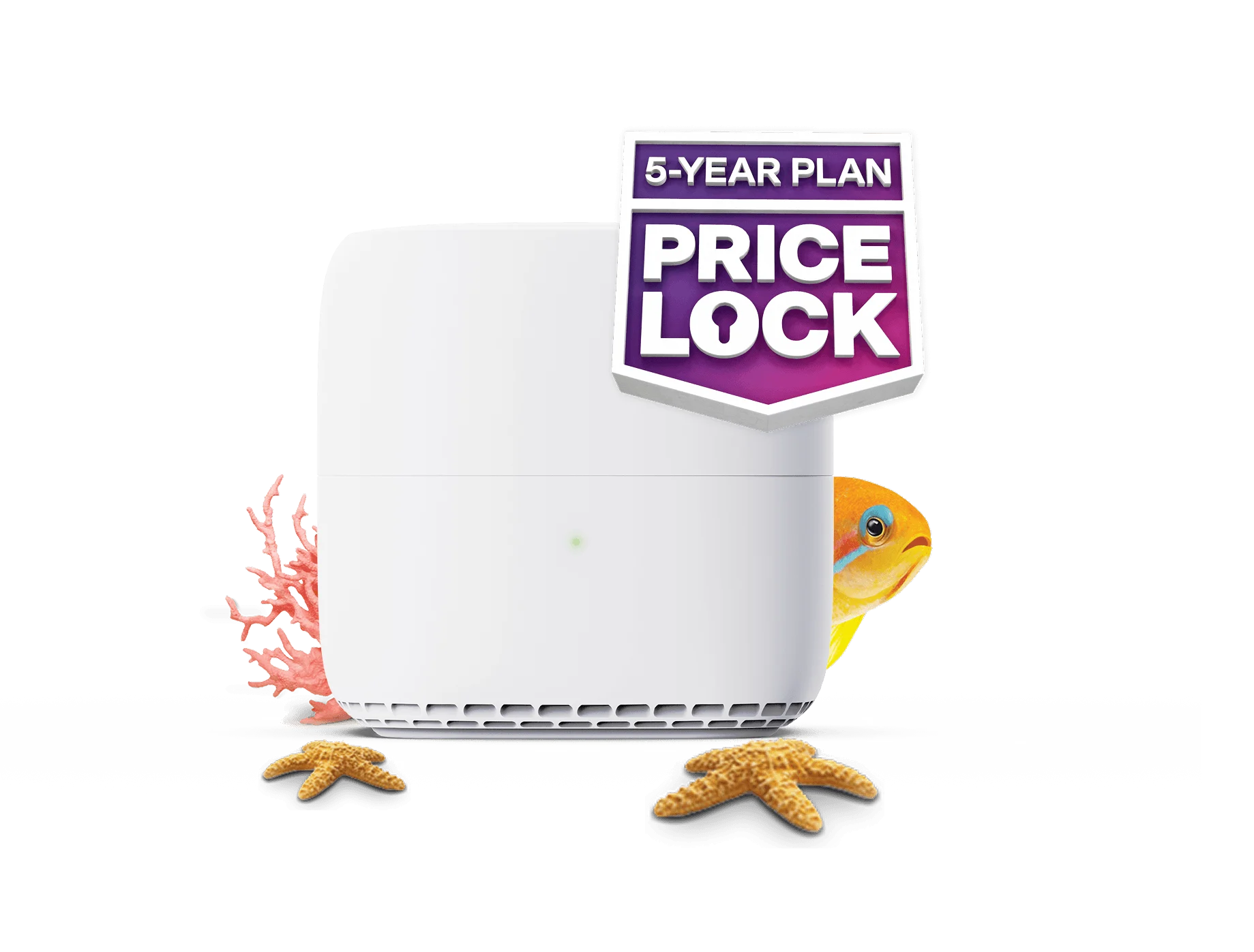 A white internet router surrounded by a yellow fish, coral, and two starfish, featuring the TELUS 5-Year Plan Price Lock badge.