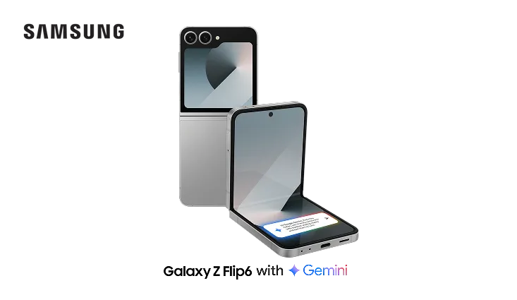 Front and back view of open Galaxy Z Flip6 with Samsung logo floating above it and "Galaxy Z Flip6 with Gemini" below.