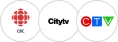 An image showing CBC, Citytv and CTV channel logos.