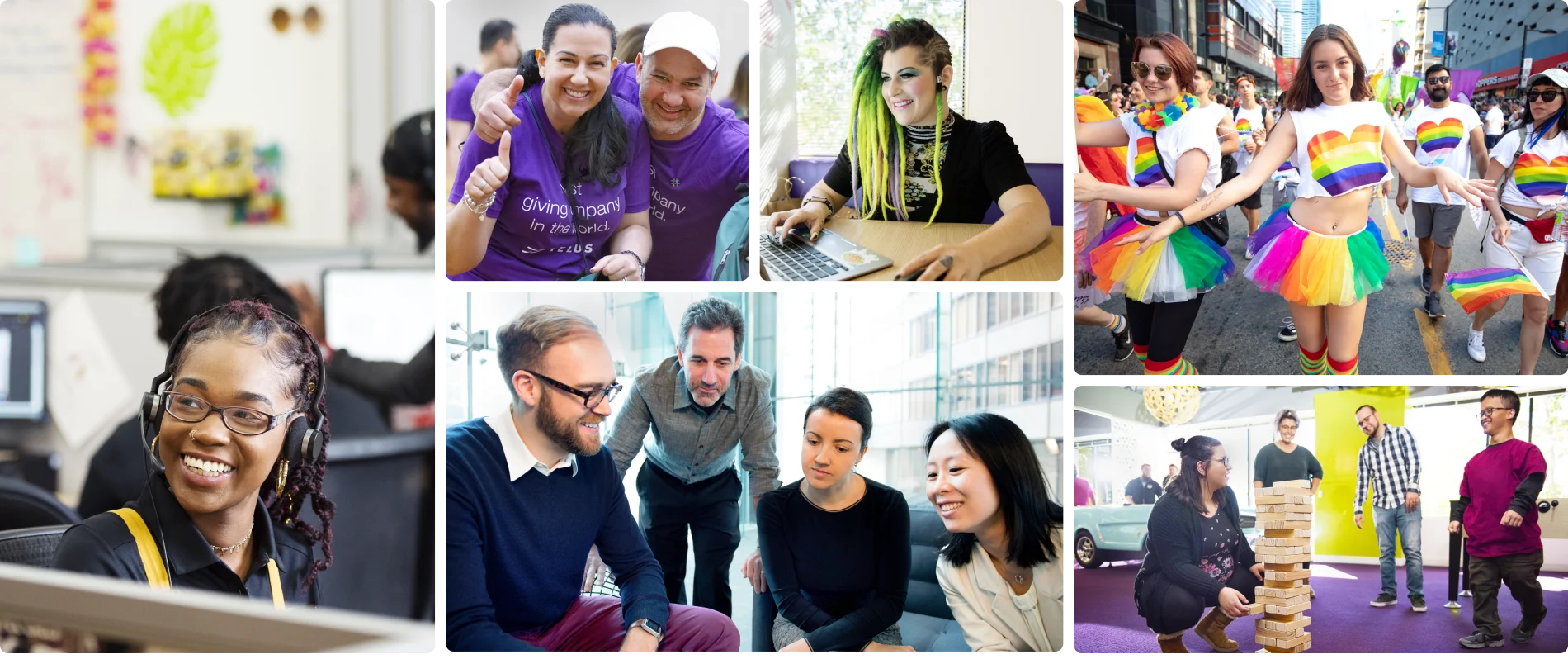 A photo collage of diverse TELUS team members at work, volunteering and at play.