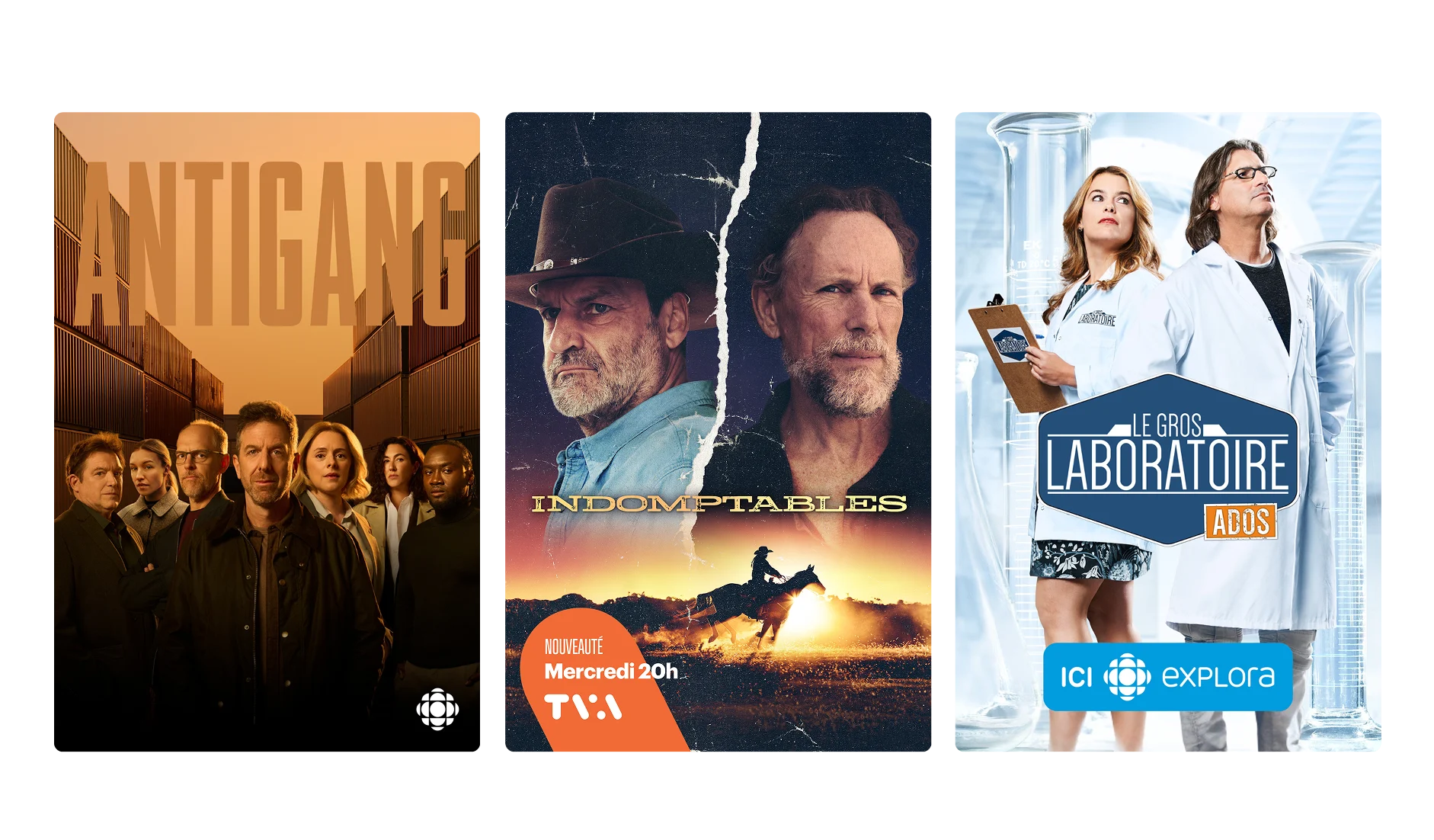 Trois affiches : Antigang, Indomptables et Le Gros Laboratoire Ados.