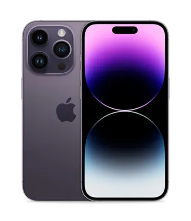 Front and back view of Apple iPhone 14 Pro in Deep Purple