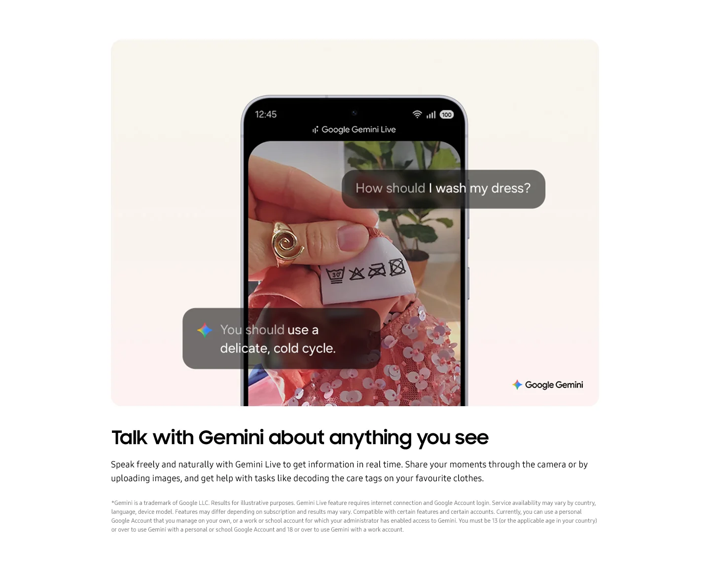 Samsung smartphone displaying Google Gemini Live feature with a question about washing instructions on a clothing care label, showing AI response.