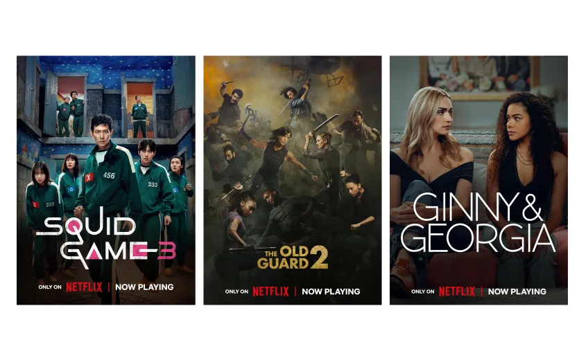 Posters for the Netflix films and series Squid Game S3, Old Guard 2 and Ginny & Georgia.