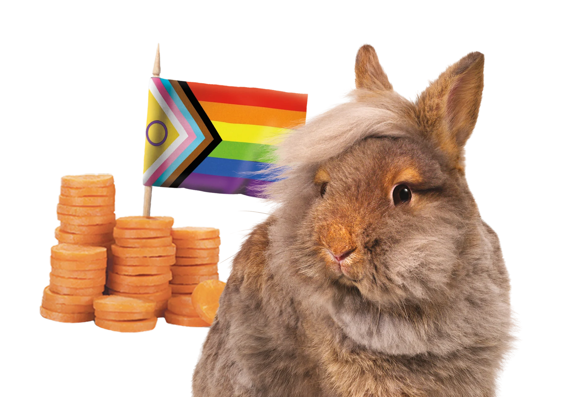 A TELUS bunny standing beside a stack of carrots resembling coins and a Pride flag.