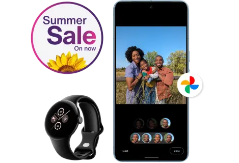 Google Photos’ Best Take feature is shown on the Google Pixel 8 and lets you effortlessly edit your photos. Beside it is the Pixel Watch 2 and a stamp that reads “Summer Sale on now”.