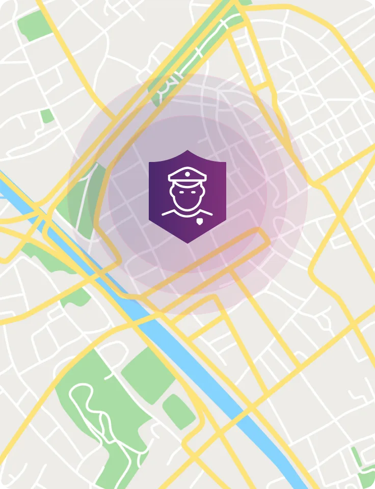 nterface cartographique montrant une zone de couverture avec indicateur de périmètre d’intervention.