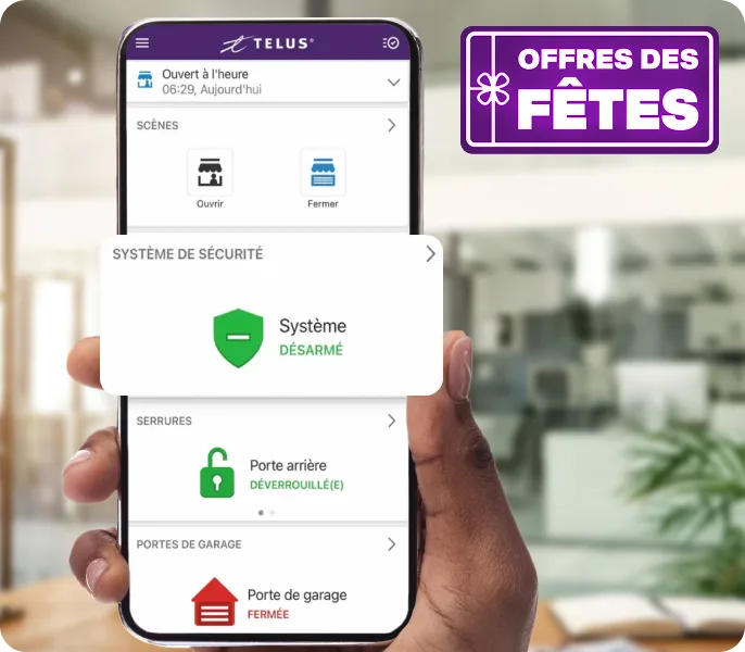 Téléphone présentant l'application Sécurité d'entreprise de TELUS. Pastille indiquant « Offres des Fetes ».