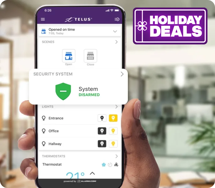 Phone showcasing the TELUS Secure Business app. A badge reading “Holiday Deals”