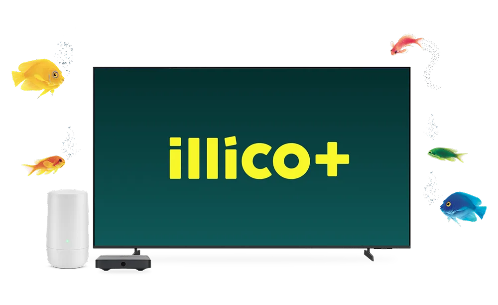 Un grand téléviseur montre le logo Amazon Prime. En bas à gauche, il y a un modem et à l'arrière-plan, on voit cinq poissons de différentes couleurs.