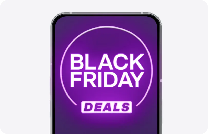 Smartphone screen with purple badge reading “Black Friday Deals”.