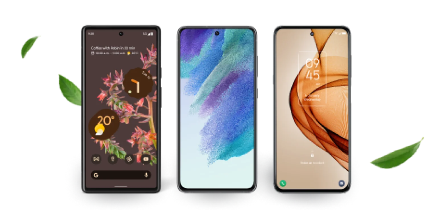 Three smartphones displayed beside each other with falling leaves behind them.