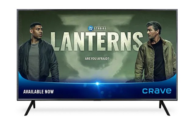 A TV screen featuring the poster for Lanterns available now in Crave.