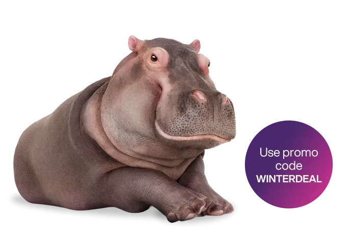 A hippo sitting next to a TELUS modem. The roundel reads “Use promo code WINTERDEAL”.