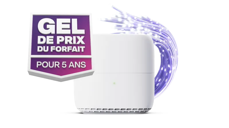 Un modem TELUS à côté du badge « Gel de prix du forfait pour 5 ans ».