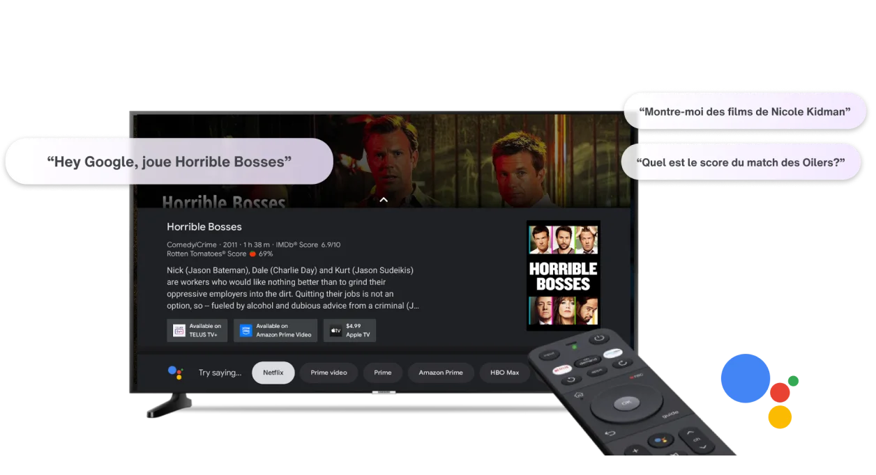 TV screen with a TELUS Bluetooth remote and voice commands like "Hey Google, play Horrible Bosses at Netflix".