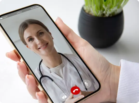 Smartphone screen, showing video-chat with friendly doctor.
