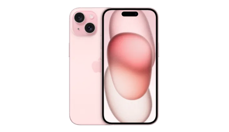 Back and front view of iPhone 15 in Pink.