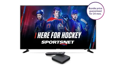 A large TV displaying the Here for hockey in Sportsnet.