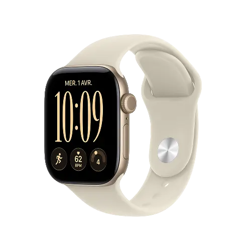 Apple Watch Series 12 – Boîtier en aluminium Or clair avec bracelet Sport sable.