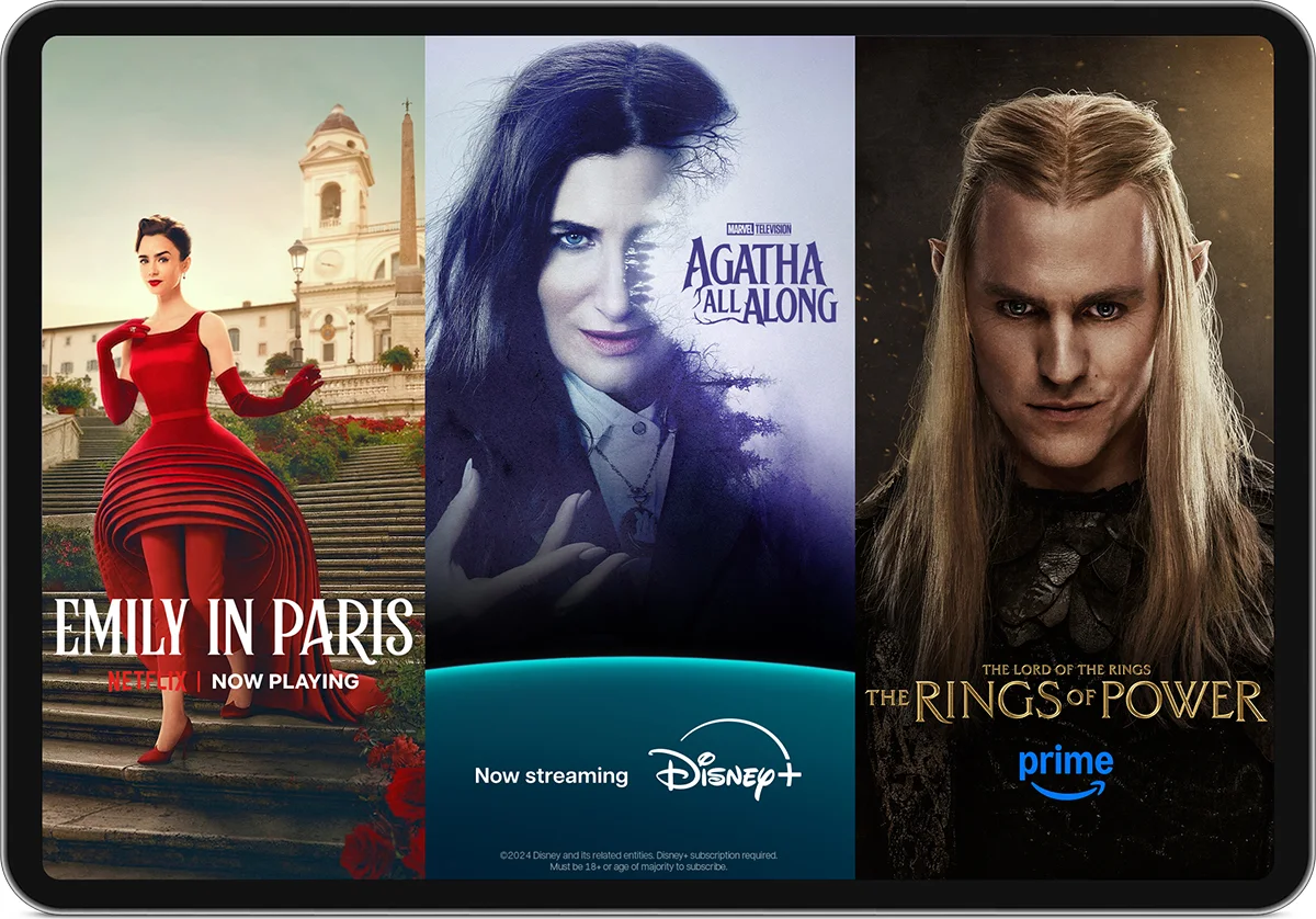 3 affiches de séries télévisées présentées sur Netflix, Disney+ et Amazon Prime.