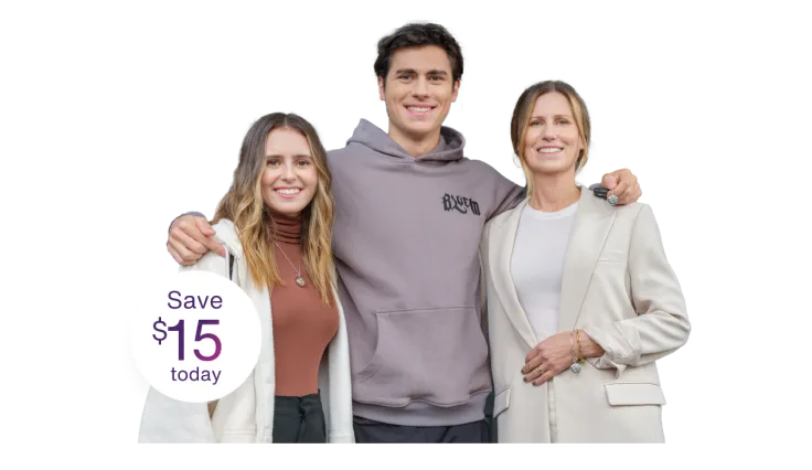 Middle-aged woman standing with teenage boy and girl, wearing SmartWear accessories. A badge calls out an offer to save $15 today.