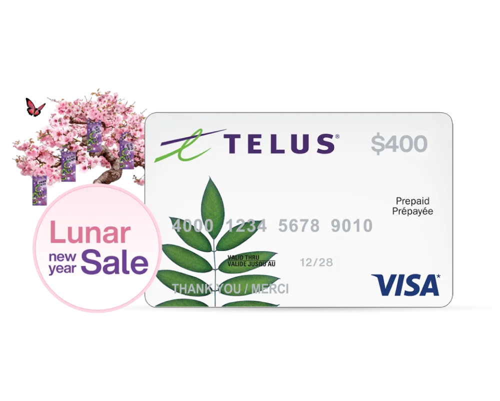 A TELUS Visa gift card. To the left, there is a butterfly flying toward a peach blossom tree and a roundel that reads: Lunar New Year sale.