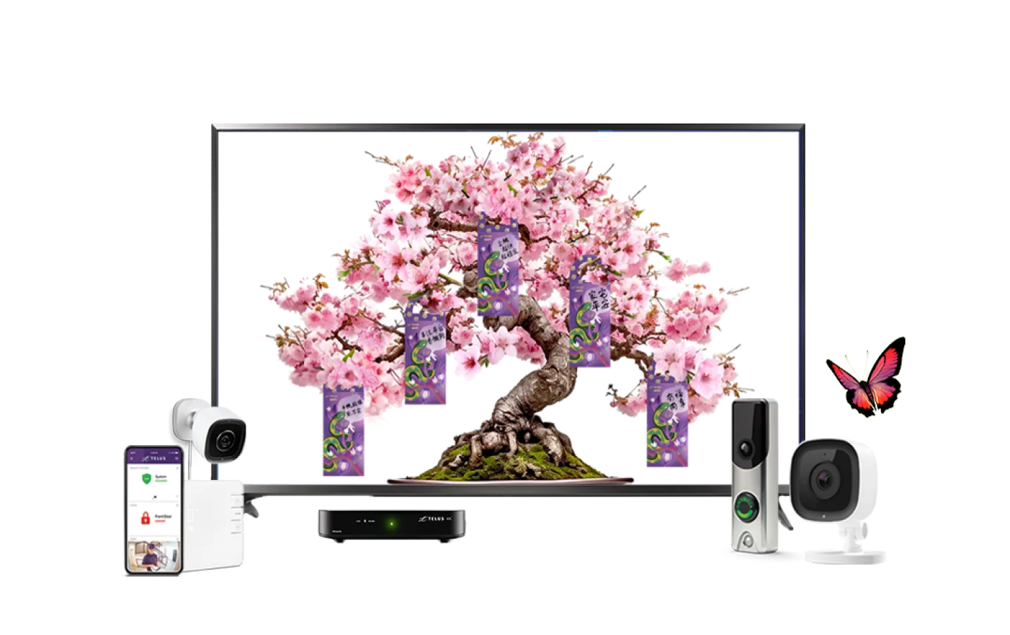 A peach blossom tree on a TV screen. The tree has five Lunar New Year red packet envelopes hanging from it. On either side of the TV screen are smart home security devices.