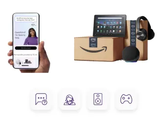 A mobile phone screen showing a live chat with a Home Pro support agent, shown next to Amazon boxes, a tablet, headphones and an Alexa device.