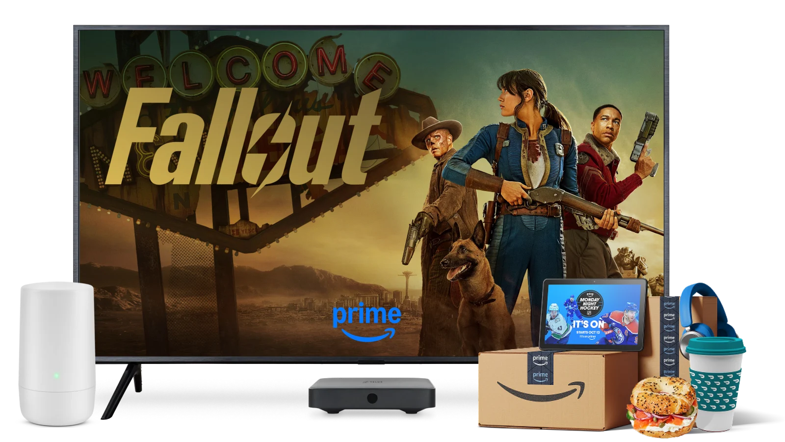 A TV, tablet, TELUS modem, digital box and Amazon parcels. The TV displays the poster for The Fallout.