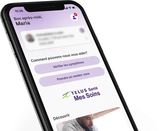 Téléphone intelligent montrant l’écran d’accueil de l’application Mes Soins TELUS Santé