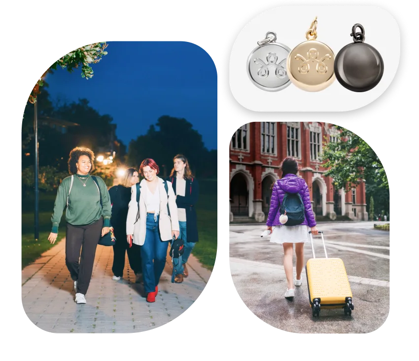 We see a collage of SmartWear Security safety devices, charms, bracelets, keychains, and necklaces on people studying and out running.