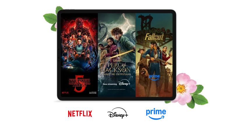A tablet displaying the posters of Stranger Things 5, Percy Jackson and the Olympians, and Fallout.