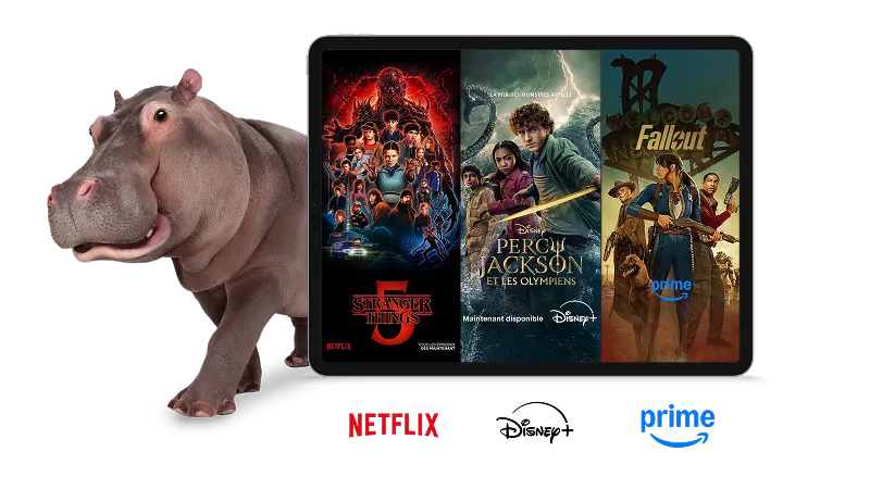 Un hippopotame debout à côté d'une tablette montrant les affiches de Stranger Things 5, Percy Jackson et les Olympiens, et Fallout.