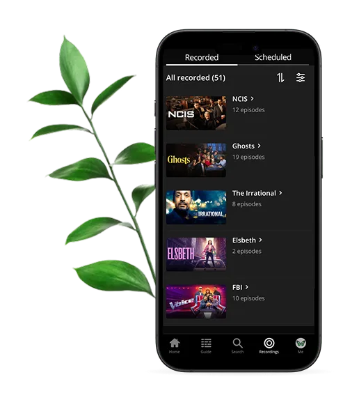 A smartphone with the TELUS TV app open, featuring a list of popular content on the recordings menu.