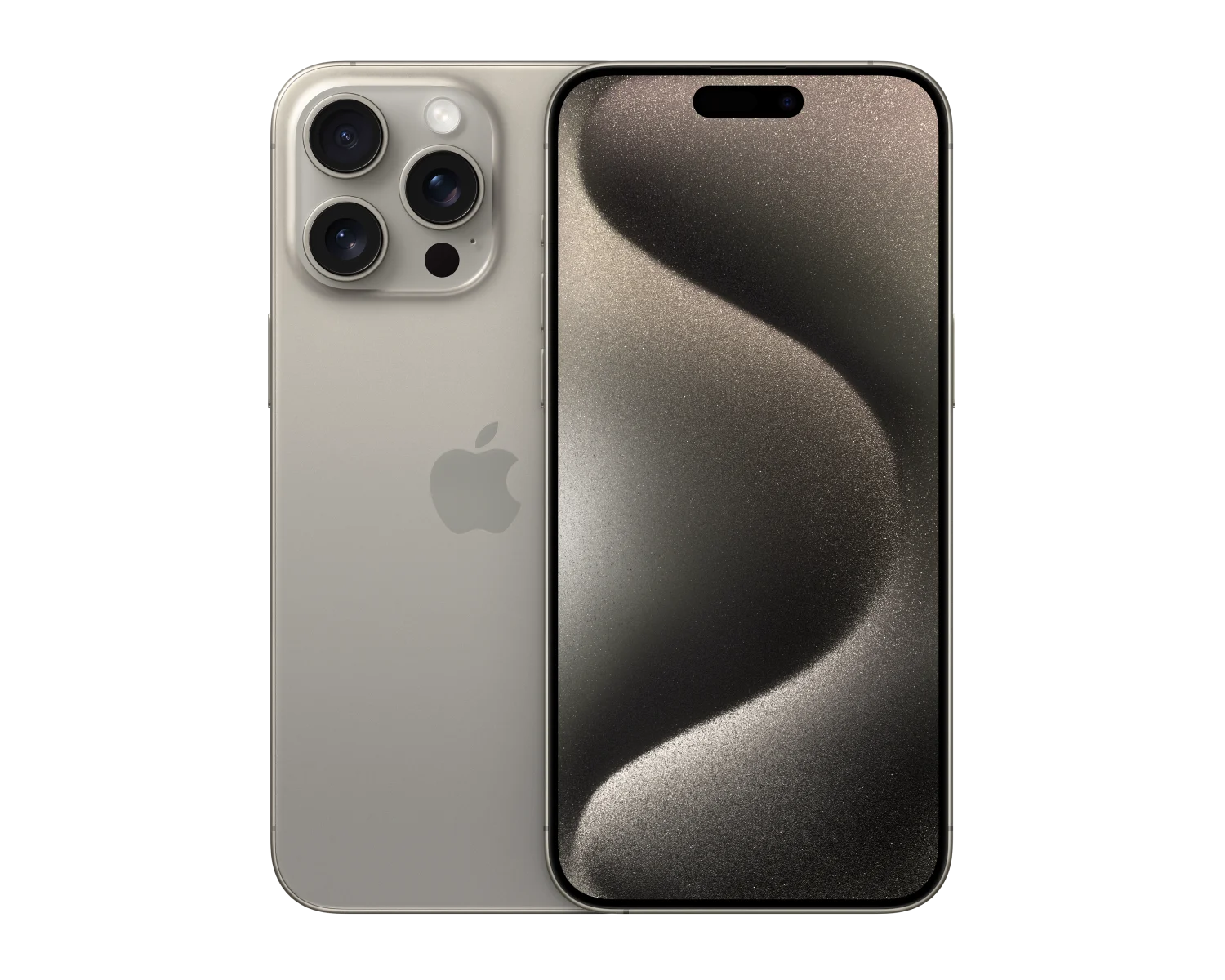 Back and front view of iPhone 15 Pro Max in Natural Titanium.