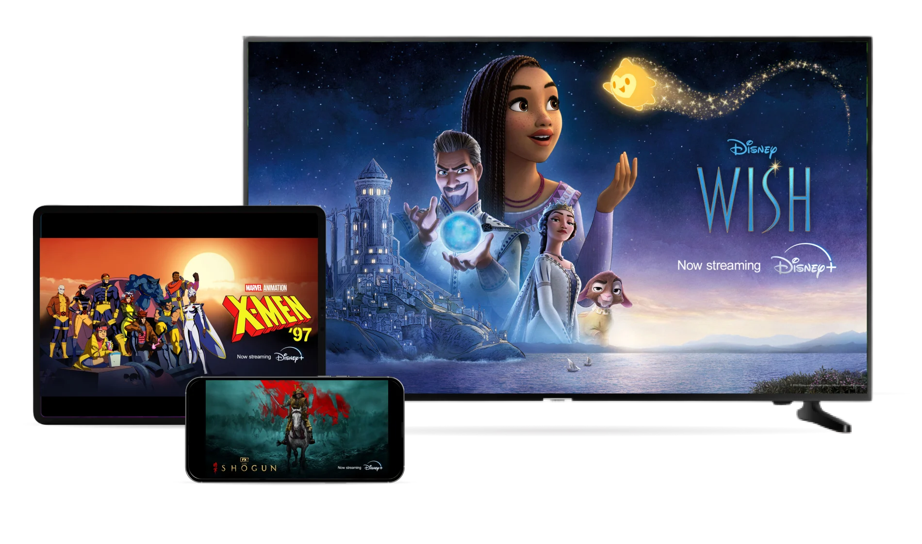 A smart TV, tablet and smartphone streaming popular Disney+ series and movies; Disney Wish, Marvel X-Men ‘97, and FX Shogun.