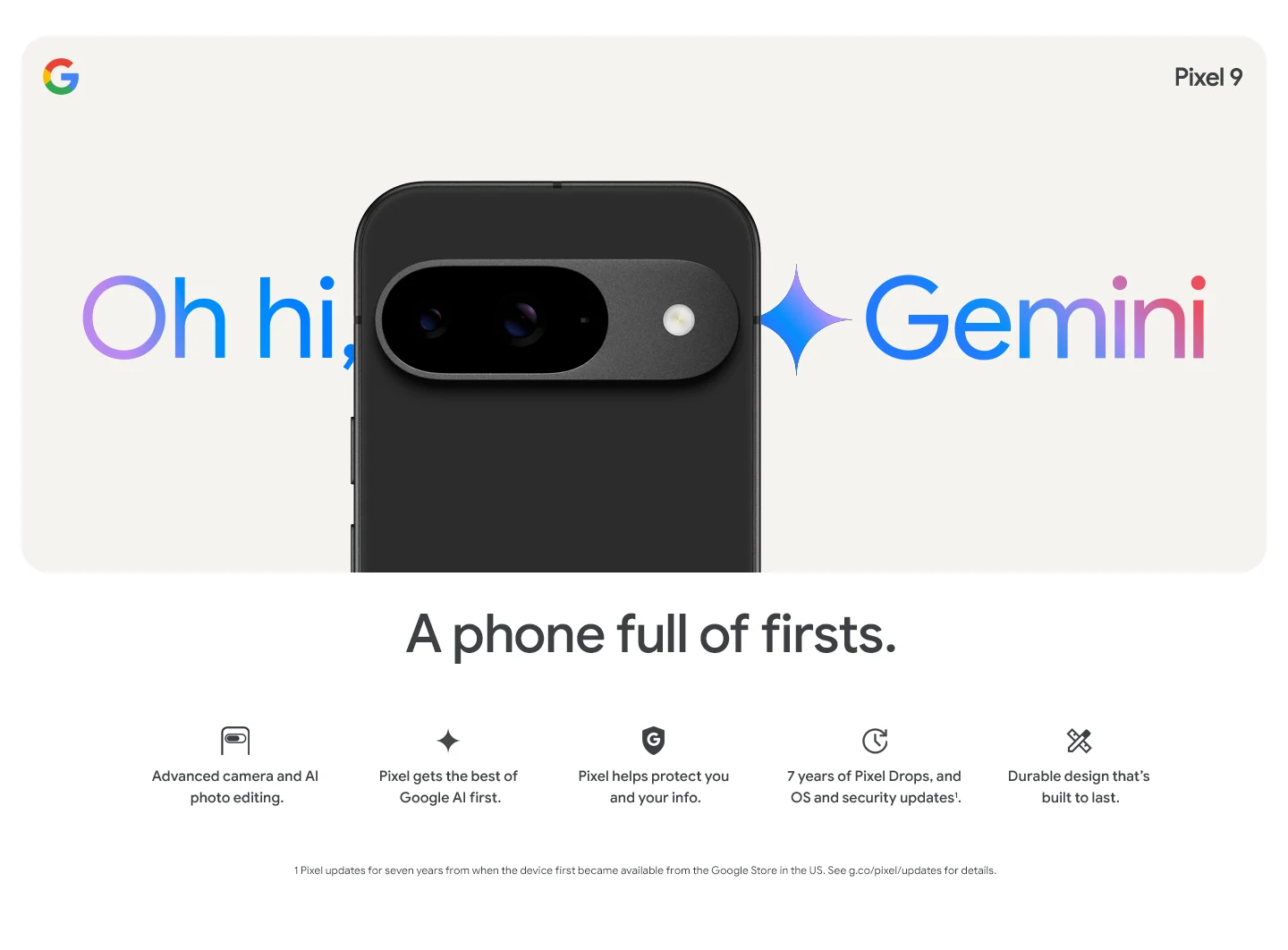 The Google Pixel 9 in Obsidian is surrounded by the logo “Oh hi, Gemini”.
