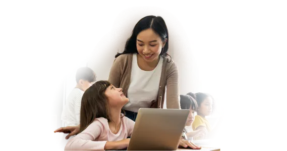 A woman viewing a tablet with a young child