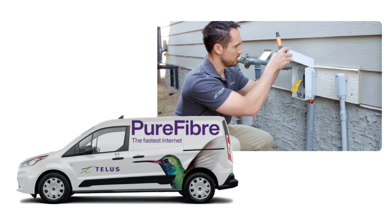 TELUS technician installing SmartHome security next to a TELUS branded van.