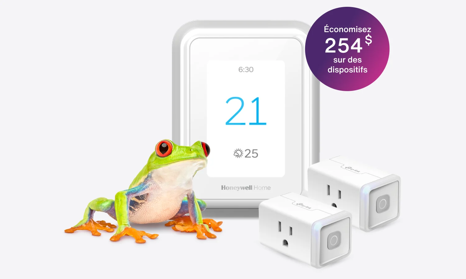 Une grenouille se tient à côté d’un thermostat intelligent et de deux prises de courant intelligentes qui portent l’inscription «  Économisez 254 $ sur des dispositifs »