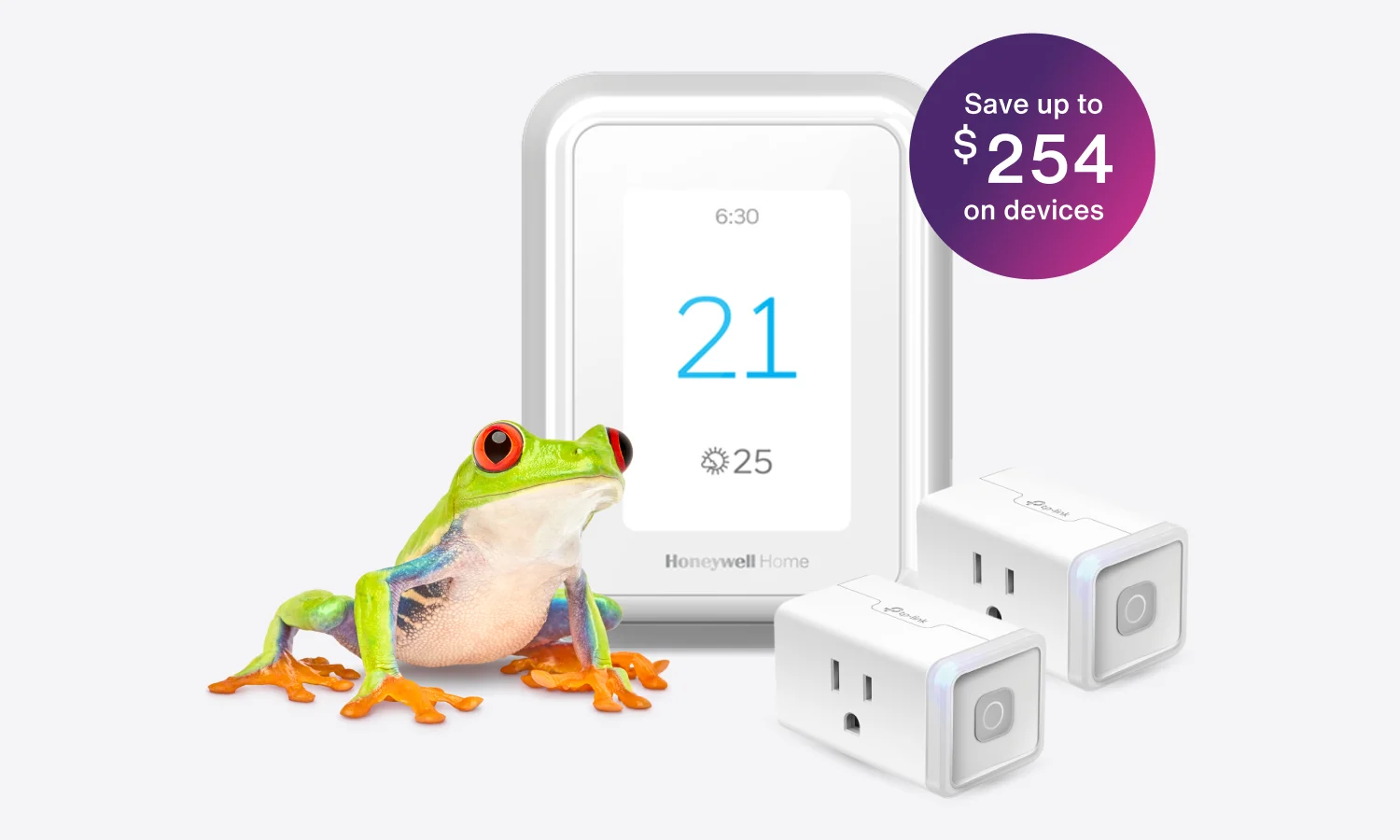 A frog is standing next to a smart thermostat and two smart plugs, displaying a roundel that says, "Save up to $254 on devices"