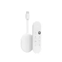 White Chromecast device and remote control featuring a minimalist design.